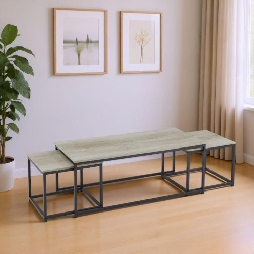 Nesting coffee table set in wood color with iron bases Nesting coffee table set in wood color with iron bases