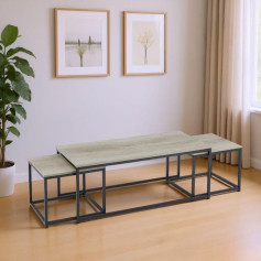 Nesting coffee table set in wood color with iron bases