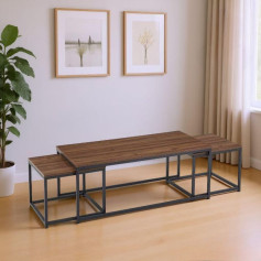 Nesting coffee table set in brown wood with iron bases