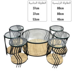طقم  1+6 طاولات دائرية دورين للقهوة باللون الخشبي
