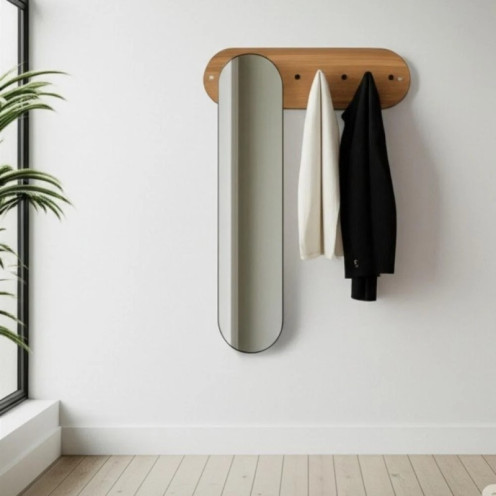 Stylish and modern brown wooden clothes hanger with oval mirror Stylish and modern brown wooden clothes hanger with oval mirror