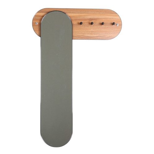 Stylish and modern brown wooden clothes hanger with oval mirror Stylish and modern brown wooden clothes hanger with oval mirror