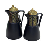 A set of tea and coffee thermoses in several colors with prominent golden decorations and a golden lid.