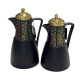 A set of tea and coffee thermoses in several colors with prominent golden decorations and a golden lid.