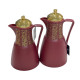 A set of tea and coffee thermoses in several colors with prominent golden decorations and a golden lid.