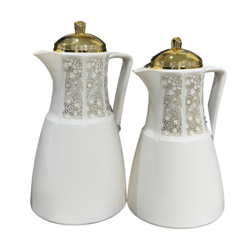 A set of tea and coffee thermoses in several colors with prominent golden decorations and a golden lid.