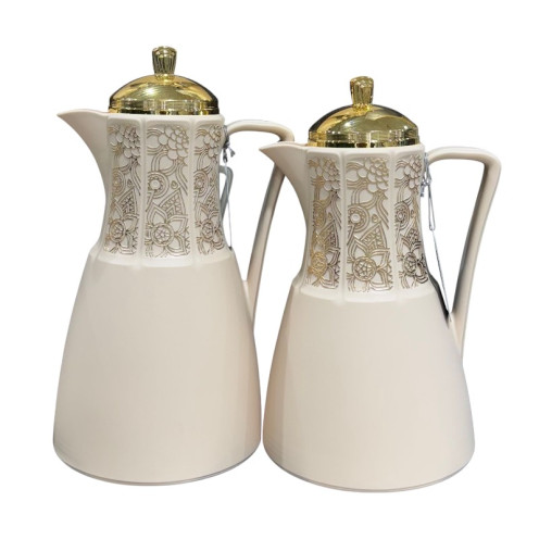 A set of tea and coffee thermoses in several colors with prominent golden decorations and a golden lid.