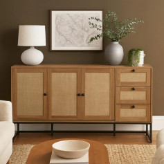 Natural wood console buffet cabinet with iron legs, drawers and doors for stylish and organized storage, 160cm