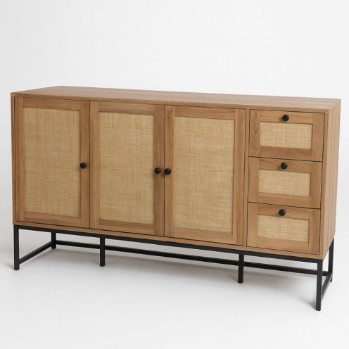 Natural wood console buffet cabinet with iron legs, drawers and doors for stylish and organized storage, 160cm