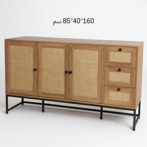 Natural wood console buffet cabinet with iron legs, drawers and doors for stylish and organized storage, 160cm