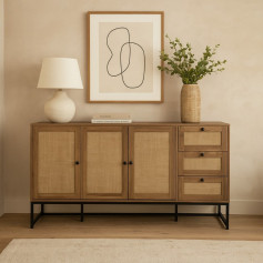 Natural wood console buffet cabinet with iron legs, drawers and doors for stylish and organized storage, 160cm