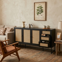 Natural wood console buffet cabinet with iron legs, drawers and doors for stylish and organized storage, 160cm