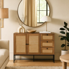 Modern wooden console buffet cabinet with multiple drawers, ideal for storage and a natural decorative touch, 120 cm