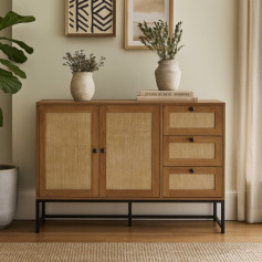 Modern wooden console buffet cabinet with multiple drawers, ideal for storage and a natural decorative touch, 120 cm