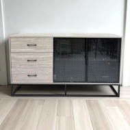 Modern and contemporary light grey wooden buffet cabinet with glass, 200 cm