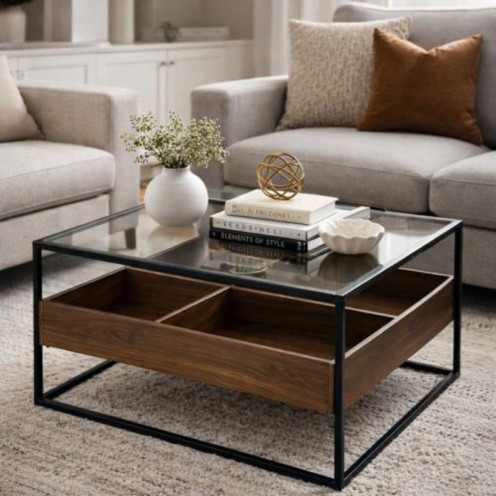 طاولة دورين خشب طبيعي وسطح زجاجي شفاف ٨٠*٨٠سم