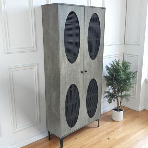 2-door rattan shoe cabinet with 8 shelves in gray, 173 cm
