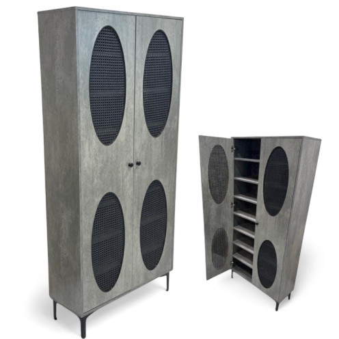 2-door rattan shoe cabinet with 8 shelves in gray, 173 cm