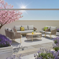A high-quality sofa set in several colors, modern and contemporary, with a glass top.