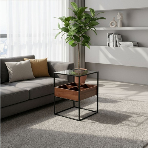 طاولة خدمة مفرد خشب بني مقسم زجاج 55X40X40 سم