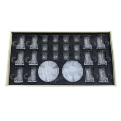 36-piece glass cups and saucers set in various shapes. 36-piece glass cups and saucers set in various shapes.