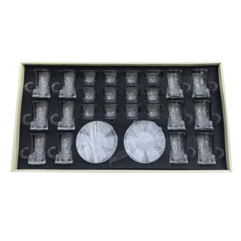 36-piece glass cups and saucers set in various shapes. 36-piece glass cups and saucers set in various shapes.