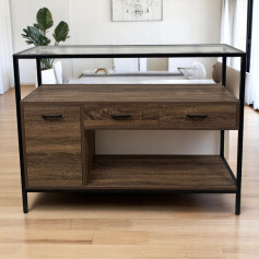 Wooden cupboard with glass surface with two upper drawers and a large drawer