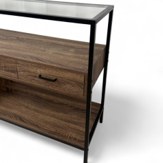 Wooden cupboard with glass surface with two upper drawers and a large drawer