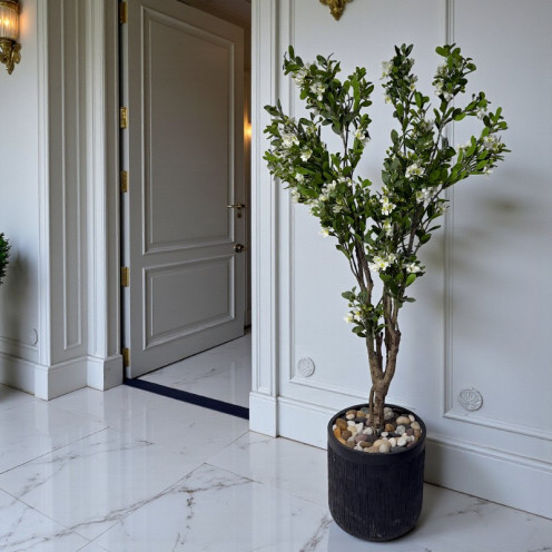 شجرة زهور بيضاء صناعية فاخرة - ارتفاع 190 سم مركن باللون الاسود 