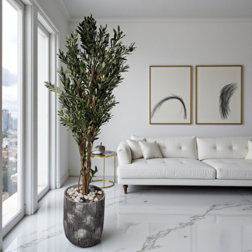 شجرة الزيتون الصناعية الفاخرة بارتفاع 220 سم مركن عصري رمادي