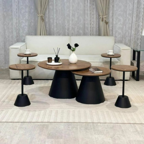 طقم طاولات 6 قطع بسطح خشبي وقاعدة سوداء