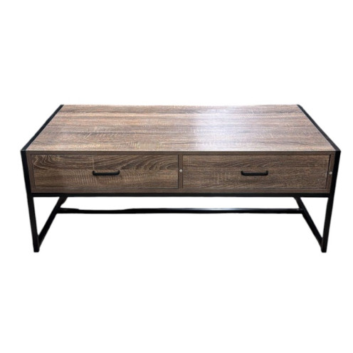 طاولة القهوة بتصميم يجمع بين الخشب والمعدن، وتتميز بوجود أدراج للتخزين باللون البني الغامق