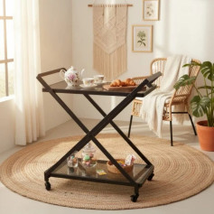 عربية تقديم اسود بعجلات بتصميم معدني وزجاجي 90*40*80 سم 