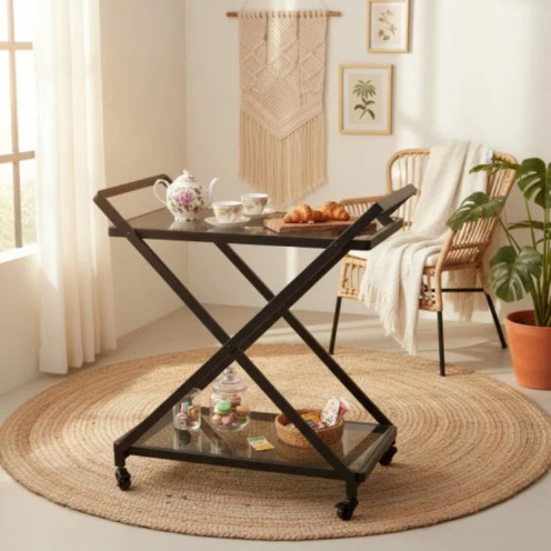 عربية تقديم اسود بعجلات بتصميم معدني وزجاجي 90*40*80 سم