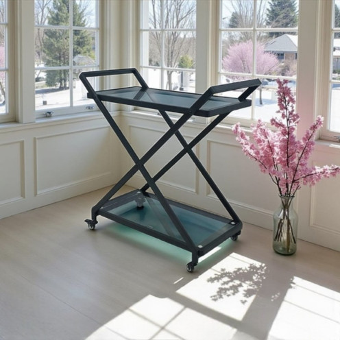 عربية تقديم اسود بعجلات بتصميم معدني وزجاجي 90*40*80 سم