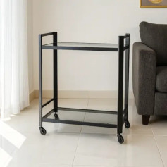 عربة تقديم معدنية بتصميم فاخر برفيين زجاجي باللون الاسود بعجلات