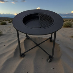 منقل شواء حديدي دائري مع كفرات الشكل ومتنقل عالي الجودة باللون الاسود  