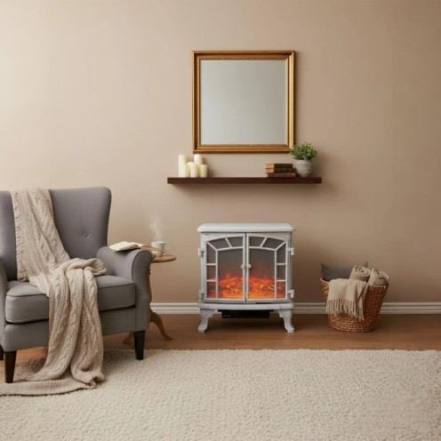 Electric heater with two doors, remote control, adjustable LED light timer, white color