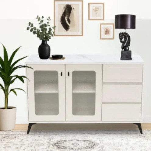 دولاب بوفية بتصميم فاخر وعصري مع ابواب زجاجية وارفف جانبية 140سم