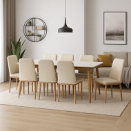 Marble dining table with 8 luxurious and modern upholstered chairs in various colors