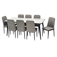 Marble dining table with 8 luxurious and modern upholstered chairs in various colors