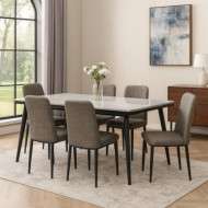 Marble dining table with 6 luxurious and modern upholstered chairs in various colors