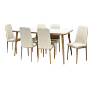 Marble dining table with 6 luxurious and modern upholstered chairs in various colors