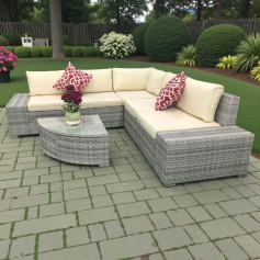 جلسة خارجية بطاولة خيزران فاخرة L وحديثة باللون الرمادي 