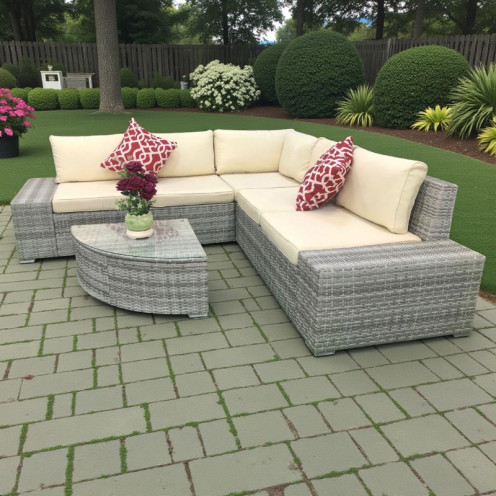 جلسة خارجية بطاولة خيزران فاخرة L وحديثة باللون الرمادي 