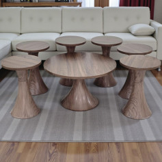 طقم طاولات حديثة مصنوع من الخشب باللون البني 1 + 6  حديثة 