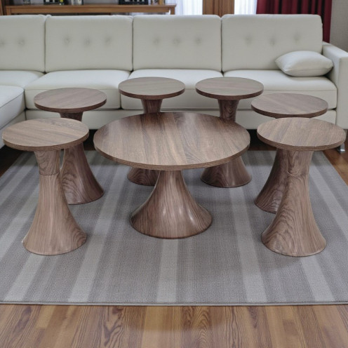 طقم طاولات حديثة مصنوع من الخشب باللون البني 1 + 6  حديثة 