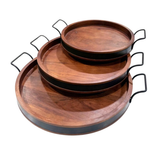 طقم صواني خشبية أنيقة بمقابض حديدية لتسهيل الحمل بثلاثة مقاسات خشب هندي طبيعي