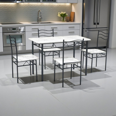 Dining table with four elegant white wooden chairs