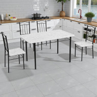 Dining table with four elegant white wooden chairs